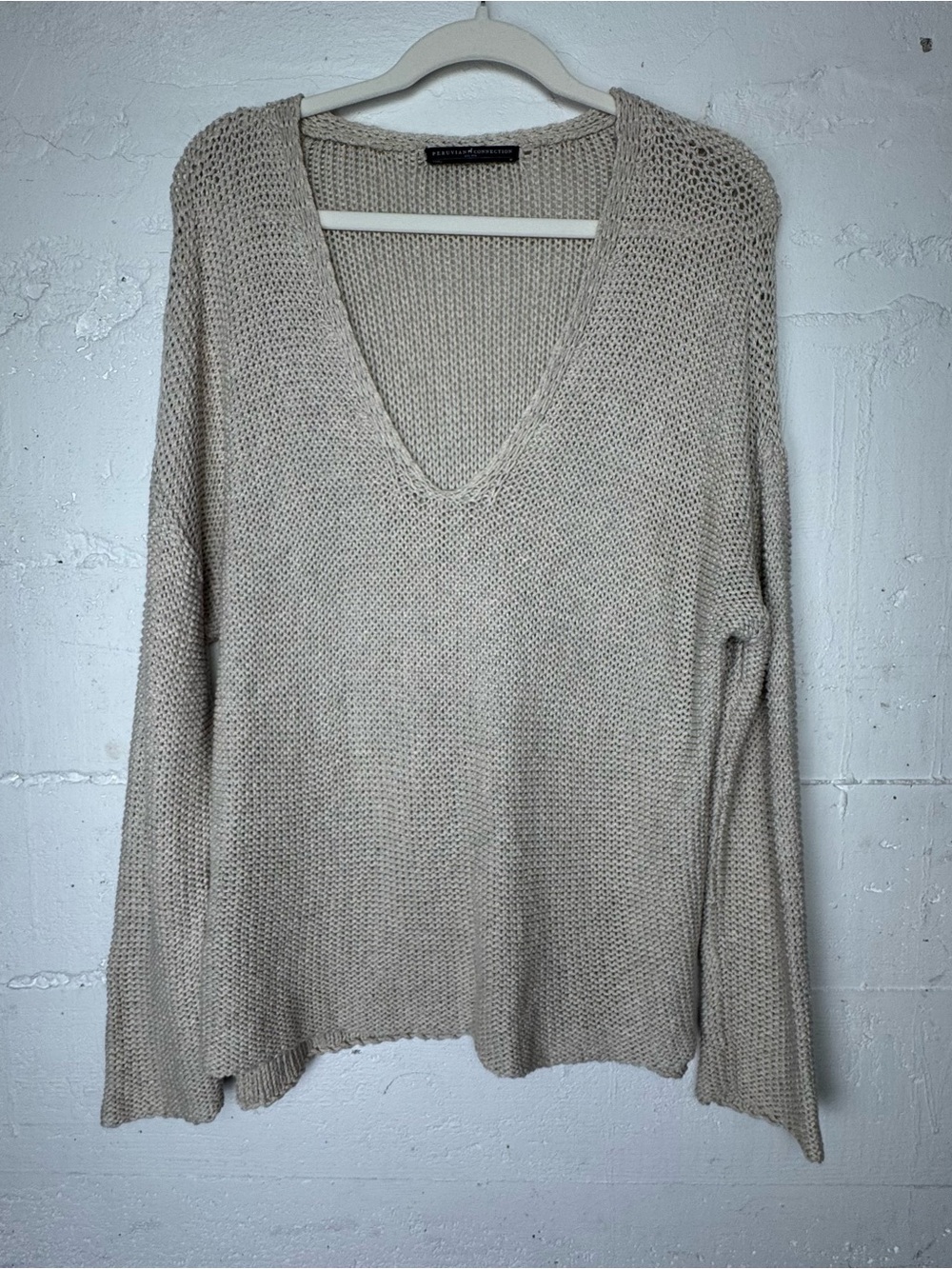 Peruvian Connection Tan Beige  Pima Cotton V-Neck Sweater Size M chunky‎ knit